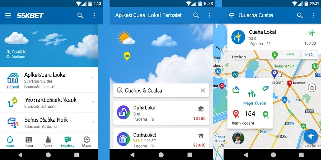 Antarmuka aplikasi 55KBET dengan informasi Cuaca Lokal yang jelas.