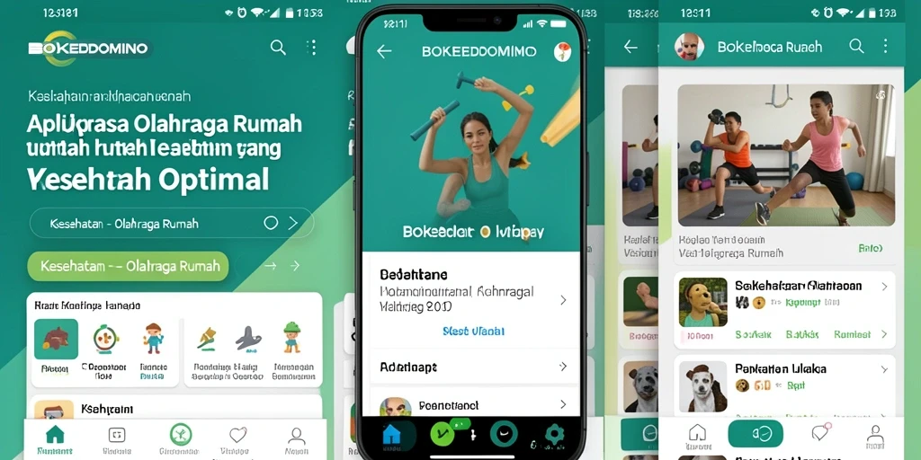 Antarmuka aplikasi BOKEDOMINO menampilkan berbagai fitur olahraga rumah.