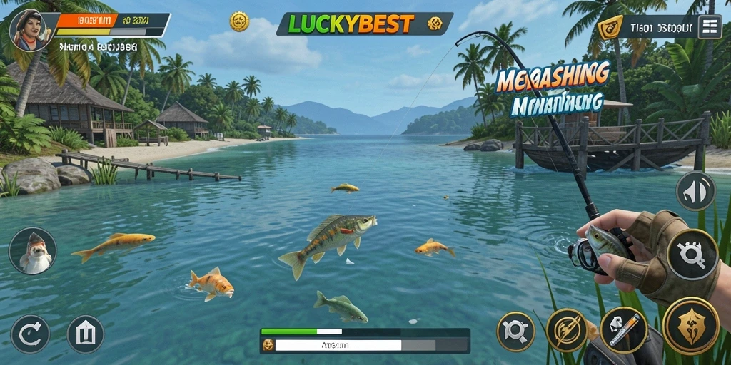 Antarmuka LUCKYBEST menampilkan suasana memancing yang menawan.